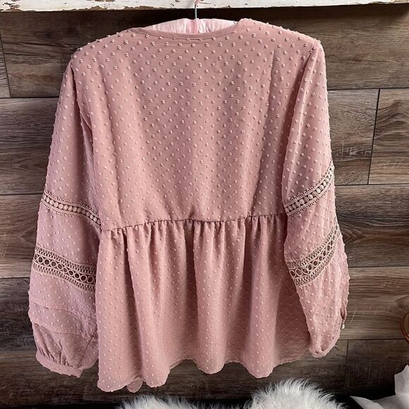 Indigo Soul Ladies Dusty Pink Boho Peasant Style Crochet Lace Blouse Size Medium - Picture 3 of 9